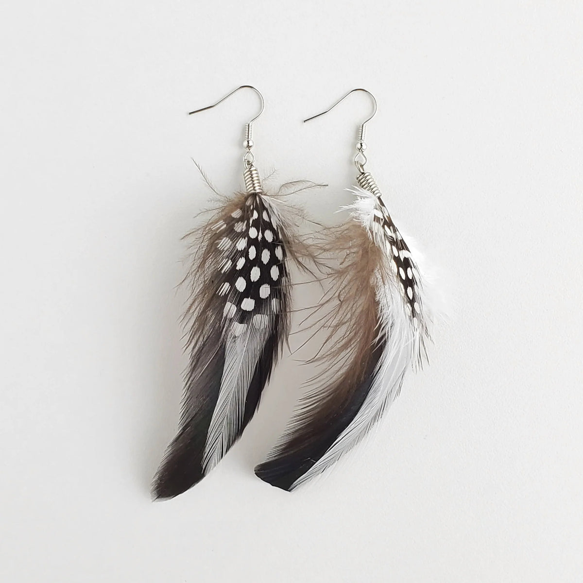 Natural Feather Earrings in Rooster/Spotted Guinea