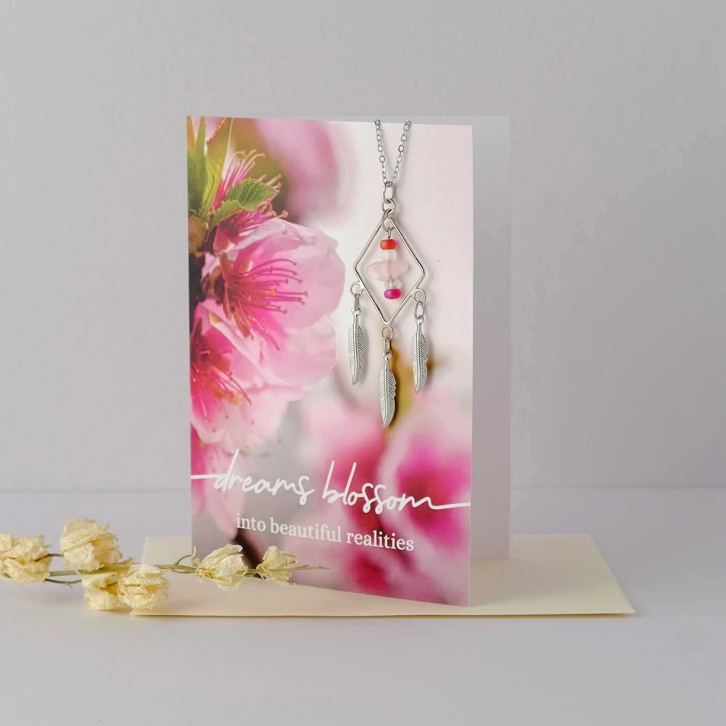 "Dreams Blossom" Rose Quartz Diamond Necklace Greeting Card