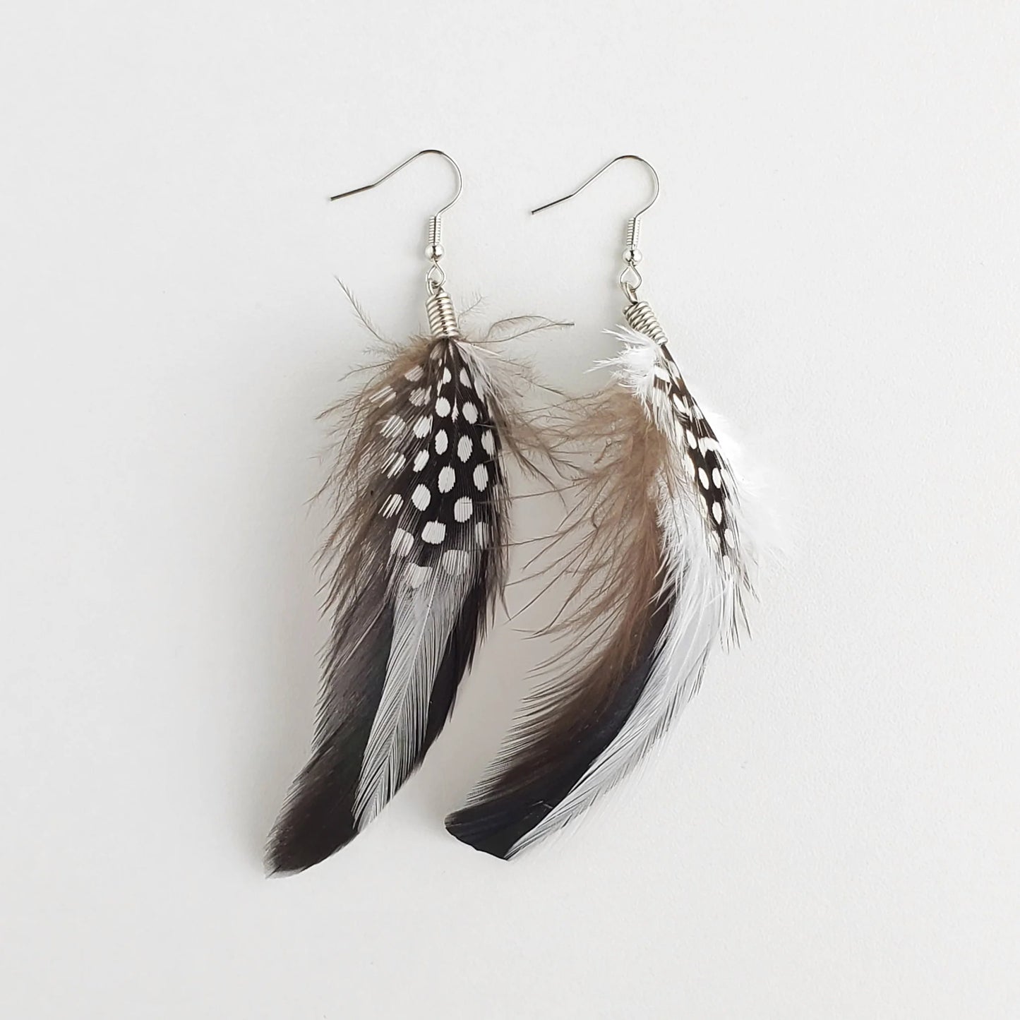 Natural Feather Earrings in Rooster/Spotted Guinea