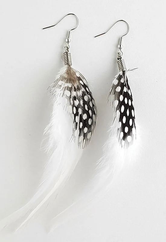 Natural Feather Earrings in White Hackle/Spotted Guinea