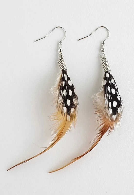 Natural Feather Earrings in Red Hackle/Spotted Guinea